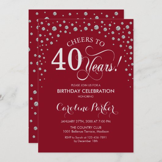 40歳の誕生日パーティの招待状 – シルバーレッド 招待状 (正面/裏面)