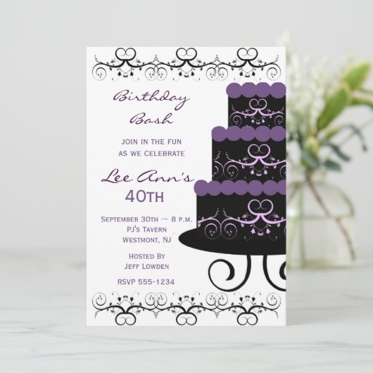 40歳の誕生日パーティの招待状（紫の渦巻き） 招待状 (スタンド正面)