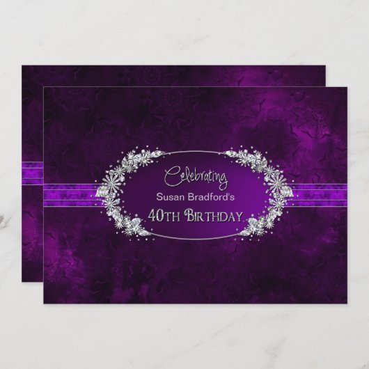 40歳の誕生日パーティの招待状 – 紫/宝石 招待状 (正面/裏面)