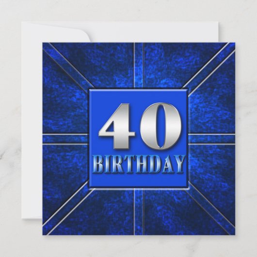 40歳の誕生日パーティの招待状 – 青/銀 招待状 (正面)