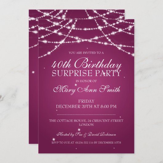 40歳の誕生日パーティーのひもがピンク色に 招待状 (正面/裏面)