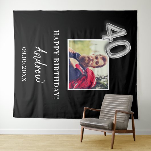 40歳の誕生日パーティーの黒い写真の名前の男性 タペストリー (インサイチュ(横))