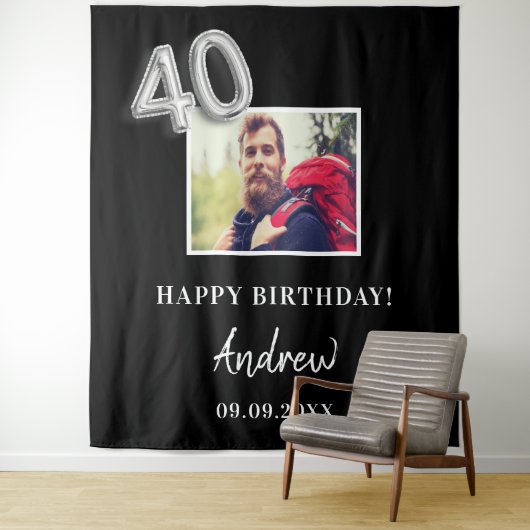 40歳の誕生日パーティーの黒い写真の名前の男性 タペストリー (インサイチュ)