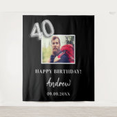 40歳の誕生日パーティーの黒い写真の名前の男性 タペストリー (正面)