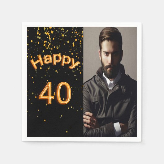 40歳の誕生日パーティーの黒と金の写真 スタンダードカクテルナプキン (正面)