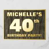 40歳の誕生日パーティーはっきりした:, フェイク Wood Grain Pattern 箔招待状 (正面)