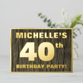 40歳の誕生日パーティーはっきりした:, フェイク Wood Grain Pattern 箔招待状 (立ち正面)