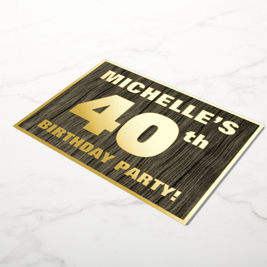 40歳の誕生日パーティーはっきりした:, フェイク Wood Grain Pattern 箔招待状 (回転した状態)