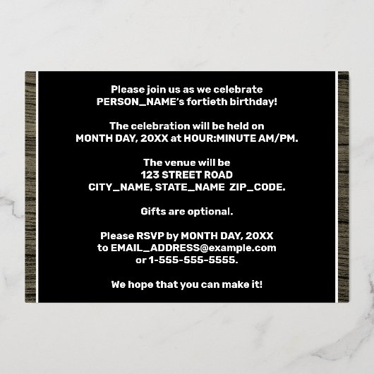 40歳の誕生日パーティーはっきりした:, フェイク Wood Grain Pattern 箔招待状 (裏面)