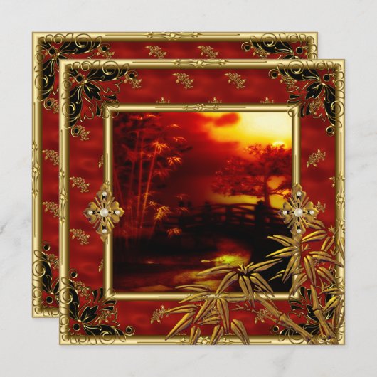 40歳の誕生日パーティーアジアンビュー金ゴールドバンブーレッド2 招待状 (正面/裏面)