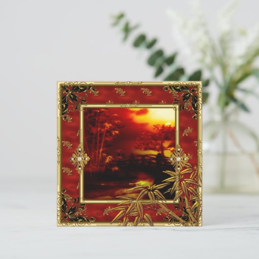 40歳の誕生日パーティーアジアンビュー金ゴールドバンブーレッド2 招待状 (スタンド正面)