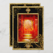 40歳の誕生日パーティーアジアンビュー金ゴールドバンブーレッド3 招待状 (正面/裏面)