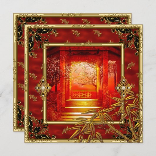 40歳の誕生日パーティーアジアンビュー金ゴールドバンブーレッド 招待状 (正面/裏面)