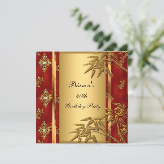 40歳の誕生日パーティーアジア金ゴールドバンブーレッド2 招待状 (スタンド正面)