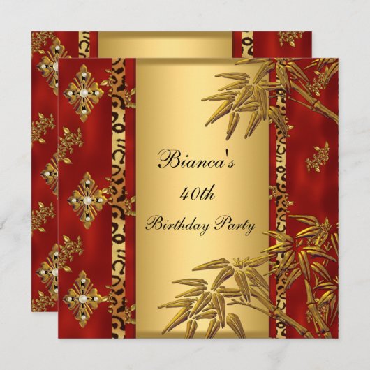 40歳の誕生日パーティーアジア金ゴールドバンブーレッド 招待状 (正面/裏面)