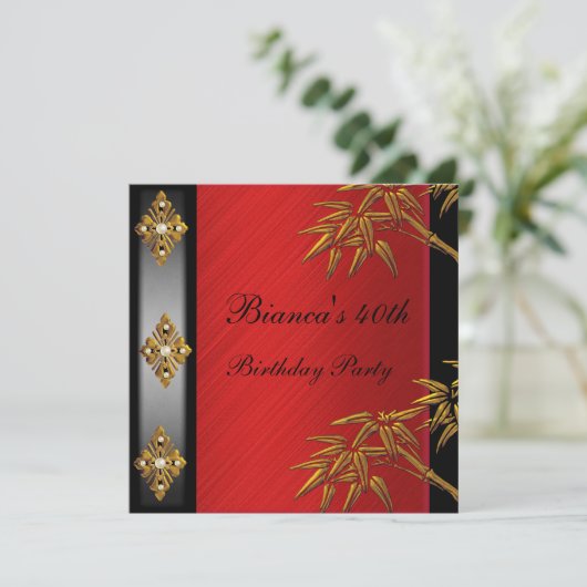 40歳の誕生日パーティーアジア金ゴールドバンブーレッド 招待状 (スタンド正面)