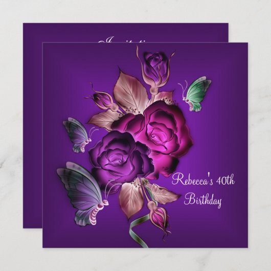 40歳の誕生日パーティーエレガントパープルピンクローズ2 招待状 (正面/裏面)