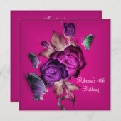 40歳の誕生日パーティーエレガントパープルピンクローズ3 招待状 (正面/裏面)