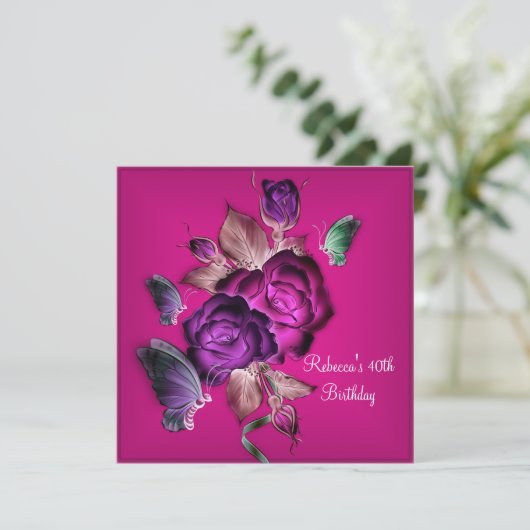 40歳の誕生日パーティーエレガントパープルピンクローズ3 招待状 (スタンド正面)