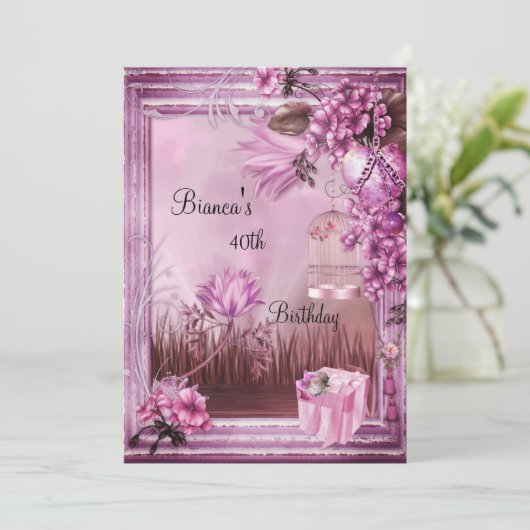 40歳の誕生日パーティーエレガントピンクローズギフトボックス 招待状 (スタンド正面)