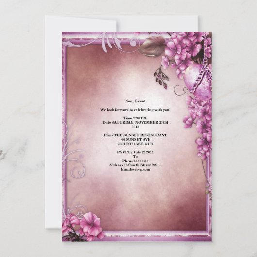 40歳の誕生日パーティーエレガントピンクローズギフトボックス 招待状 (裏面)