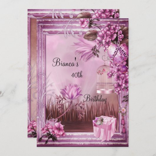 40歳の誕生日パーティーエレガントピンクローズギフトボックス 招待状 (正面/裏面)