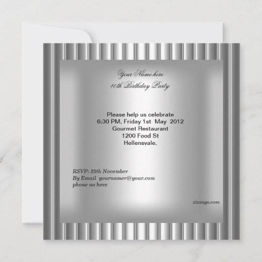 40歳の誕生日パーティーエレガントメンズシルバーグレイ 招待状 (裏面)