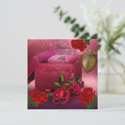 40歳の誕生日パーティーエレガントレッドローズギフトボックス 招待状 (スタンド正面)