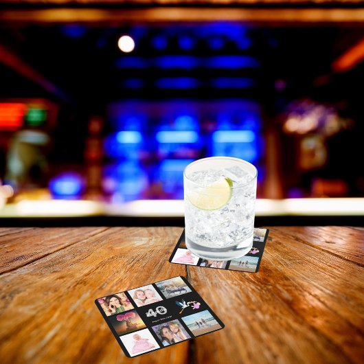 40歳の誕生日パーティーカスタムフォトコラージブラック スクエアペーパーコースター