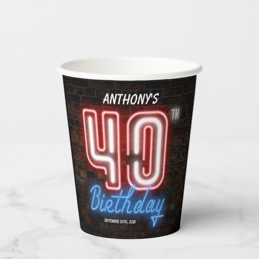 40歳の誕生日パーティーカッコいいネオン白熱［赤熱］光を放つサインカスタム 紙コップ (裏面)