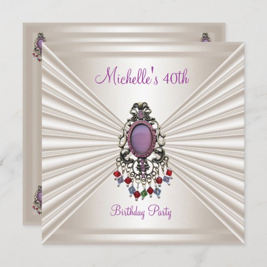 40歳の誕生日パーティークリームシルクマウベビーズ 招待状 (正面/裏面)