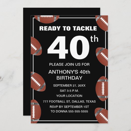 40歳の誕生日パーティーサッカーブラックパパスポーツ 招待状 (正面/裏面)