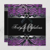 40歳の誕生日パーティーシルバーパープルピンク白黒 招待状 (正面/裏面)
