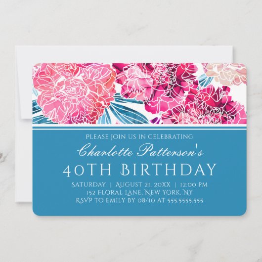 40歳の誕生日パーティースタイリッシュピンク花柄 招待状 (正面)
