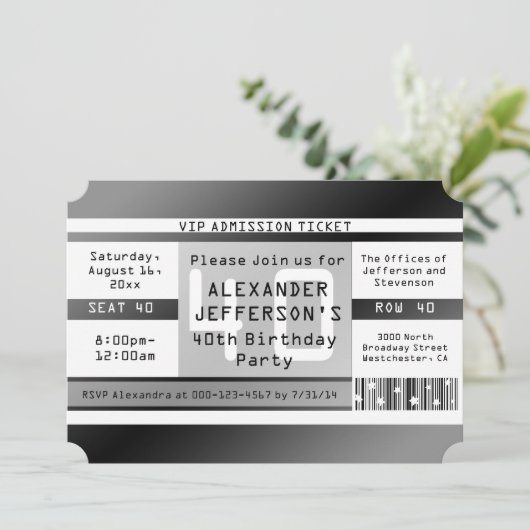 40歳の誕生日パーティーチケット型招待状 招待状 (スタンド正面)