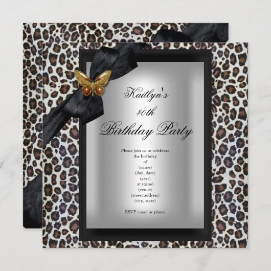 40歳の誕生日パーティーチータブラックバタフライ 招待状 (正面/裏面)
