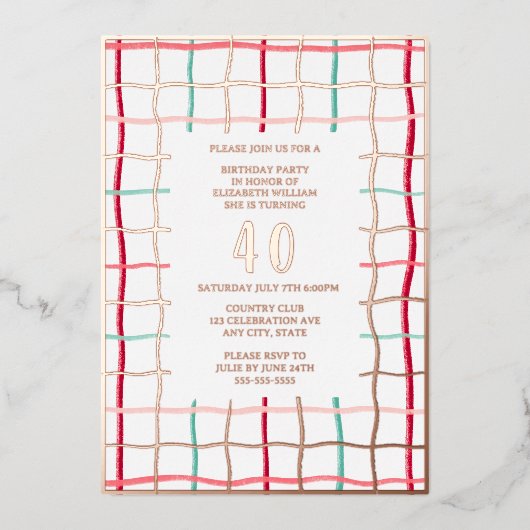 40歳の誕生日パーティーテンプレート手書き線 箔招待状 (正面)