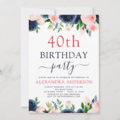 40歳の誕生日パーティーネイビーブルー赤面ピンクフローラ 招待状 (正面)