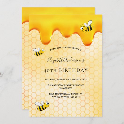40歳の誕生日パーティーハニカムスイートバンブルミツバチ 招待状 (正面/裏面)