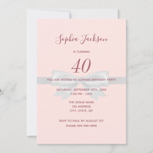 40歳の誕生日パーティーバラ金ゴールドエレガントボウ 招待状 (正面)