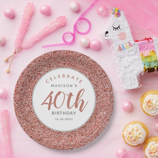 40歳の誕生日パーティーバラ金ゴールドパーソナライズされたグリッター ペーパープレート (パーティー)