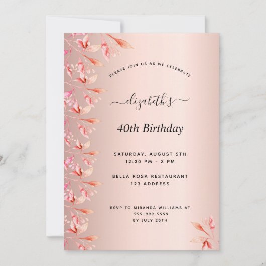 40歳の誕生日パーティーバラ金ゴールドピンクフローラ 招待状 (正面)