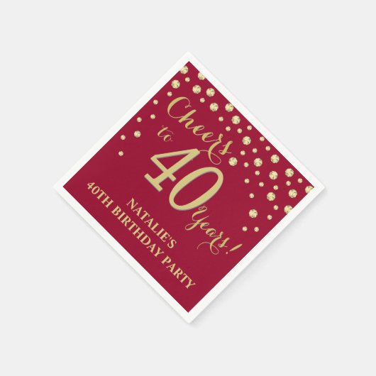 40歳の誕生日パーティーバーガンディーレッドと金ゴールドダイヤモンド スタンダードカクテルナプキン (角)