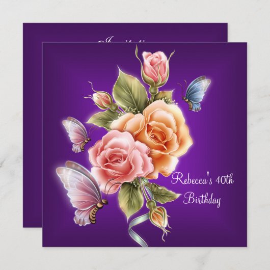 40歳の誕生日パーティーパープルエレガント・ピンク・ローズ 招待状 (正面/裏面)