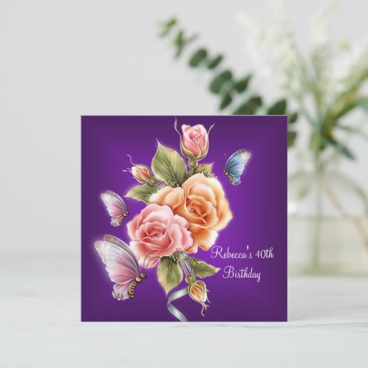 40歳の誕生日パーティーパープルエレガント・ピンク・ローズ 招待状 (スタンド正面)