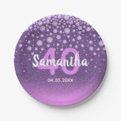 40歳の誕生日パーティーパープルピンクグリッター名 ペーパープレート (正面)