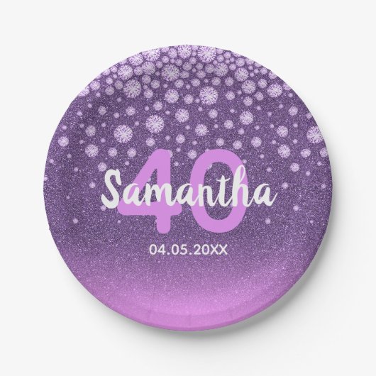 40歳の誕生日パーティーパープルピンクグリッター名 ペーパープレート (正面)