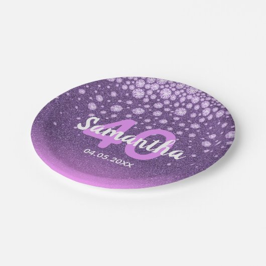 40歳の誕生日パーティーパープルピンクグリッター名 ペーパープレート (アングル)