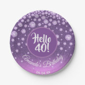 40歳の誕生日パーティーパープルピンクグリッター ペーパープレート (正面)
