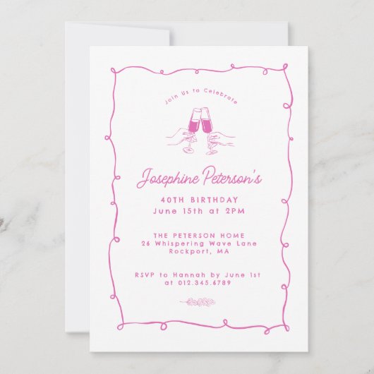 40歳の誕生日パーティーピンクお洒落ドードル 招待状 (正面)